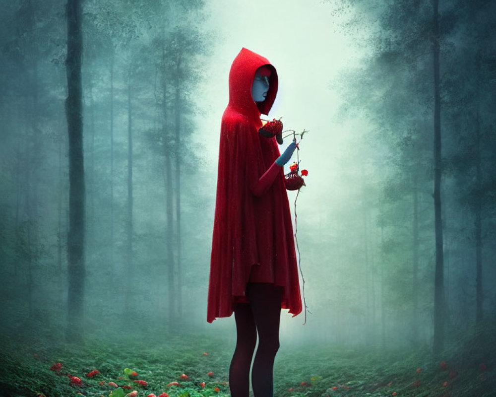 Person in Red Hooded Cape with Key in Misty Forest among Red Flowers
