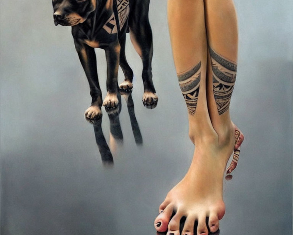 Realistic painting of tattooed dog and person's legs with tribal designs on grey backdrop