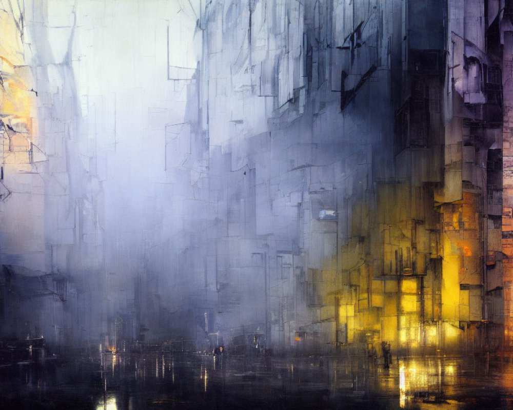 Abstract Cityscape Painting with Cool and Warm Tones, Geometric Shapes, Fog, and Water Reflection