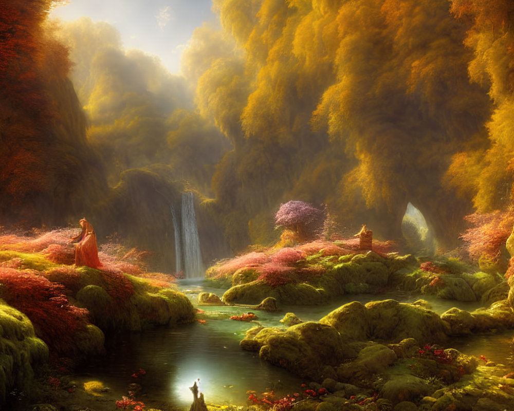 Vibrant autumnal landscape with lush trees and waterfalls