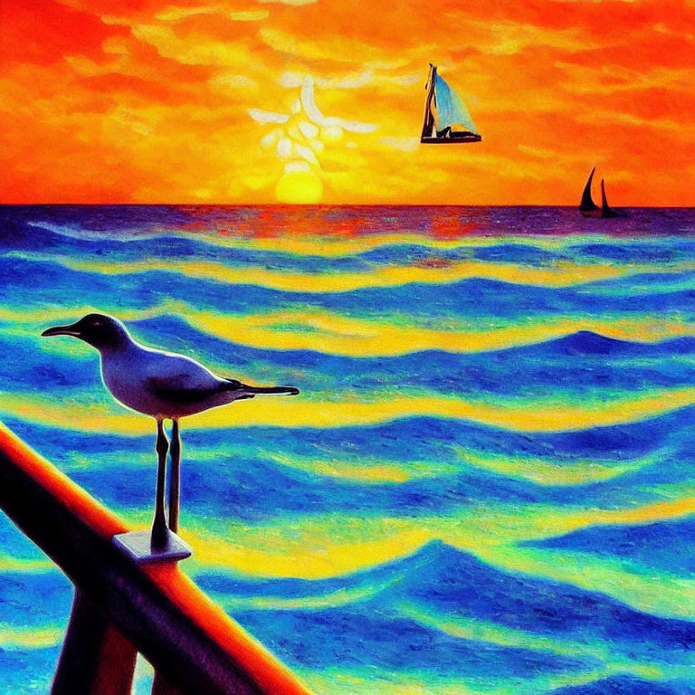 Vivid sunset seascape with seagull, sailboats, and fluffy clouds