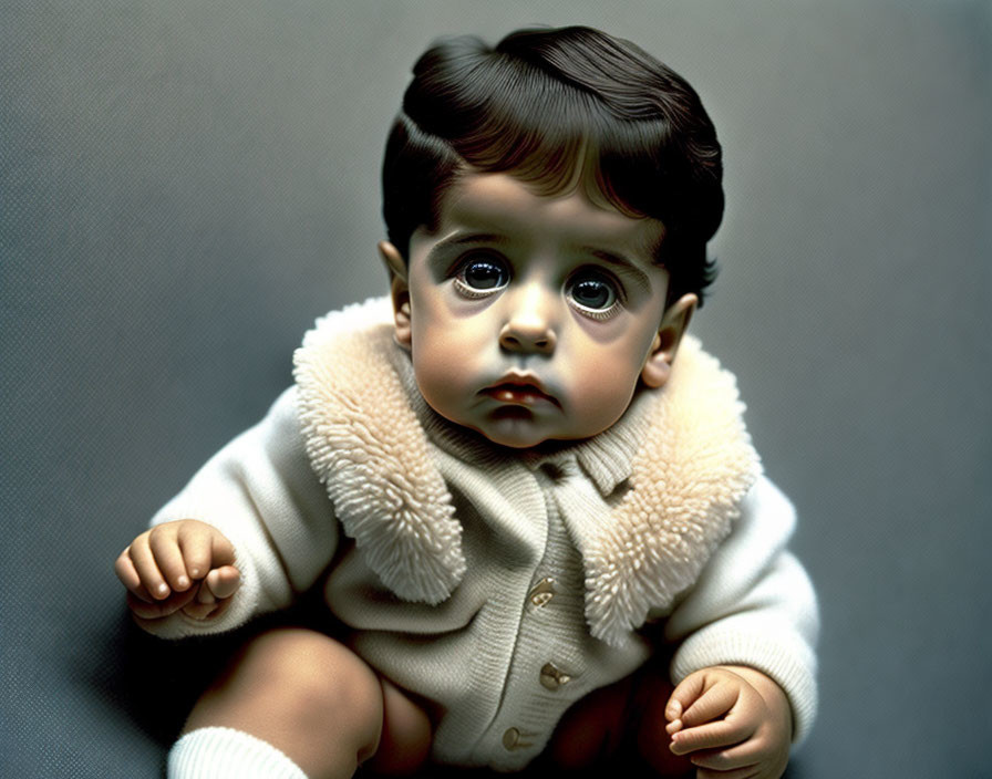 Digital artwork of baby with large eyes in white and tan outfit on grey background
