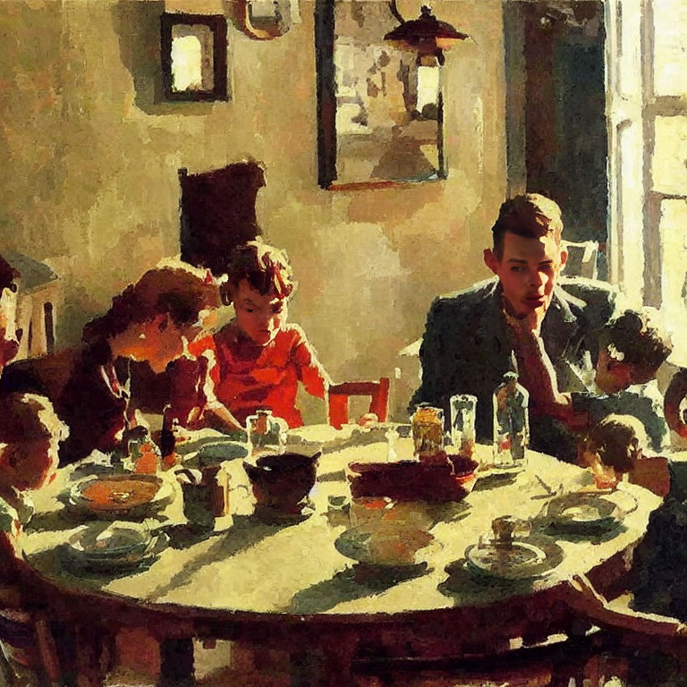 Warmly lit family dining scene with cozy ambiance