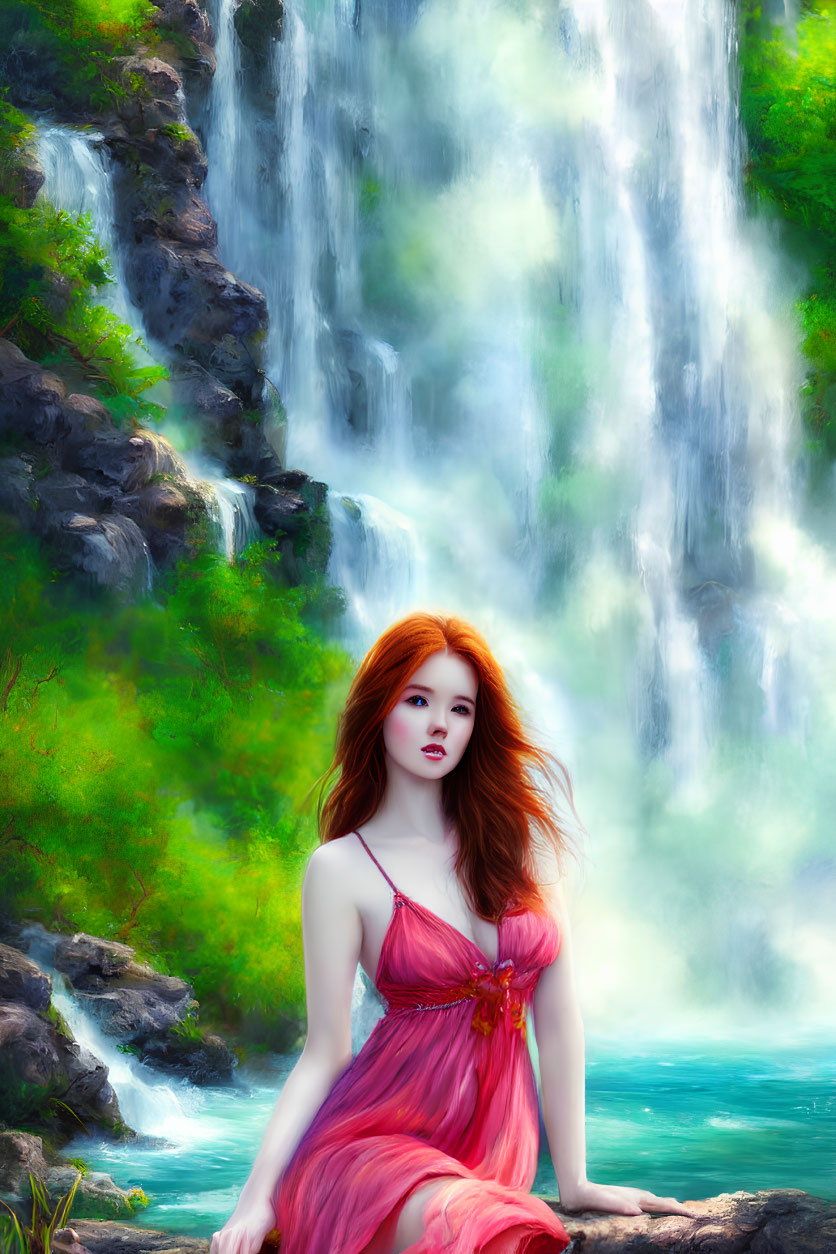 Red-haired woman in pink dress by lush waterfall