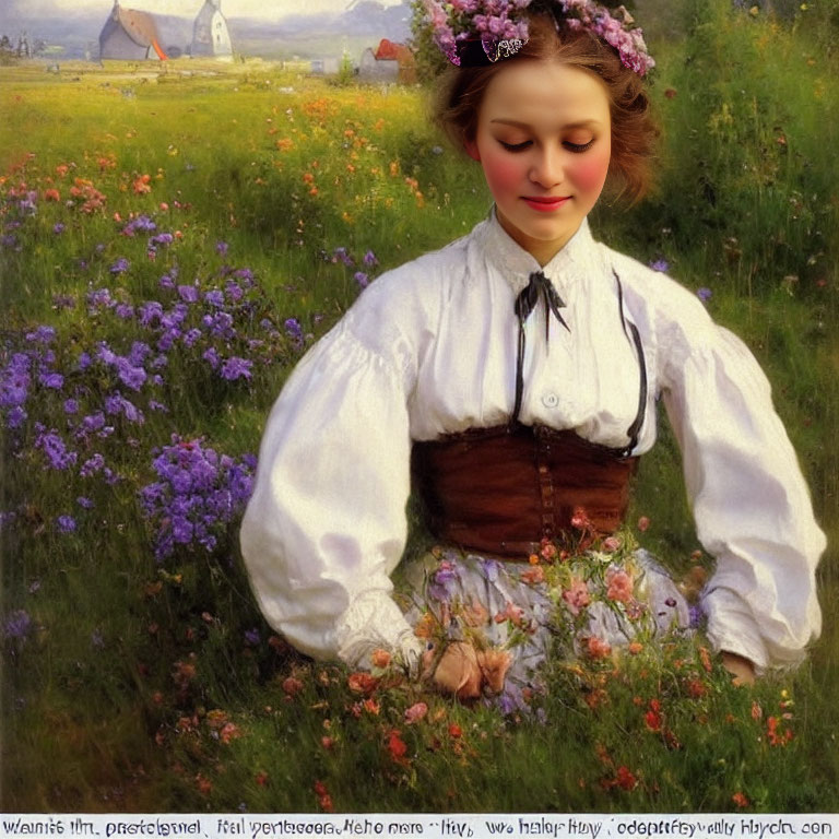 Young woman in traditional outfit sits in blooming meadow with flower wreath.