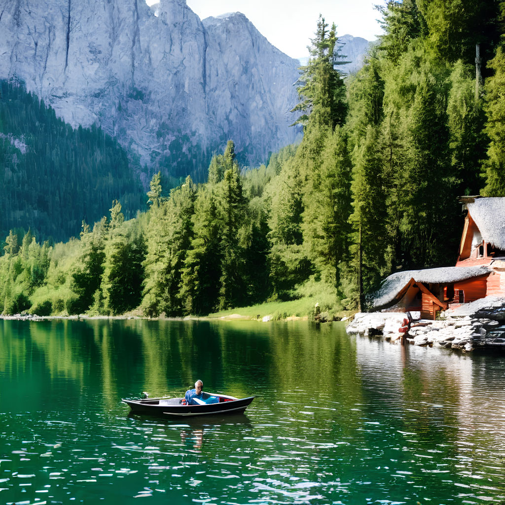 Rowboat on Alpine Lake with Cabin and Mountains