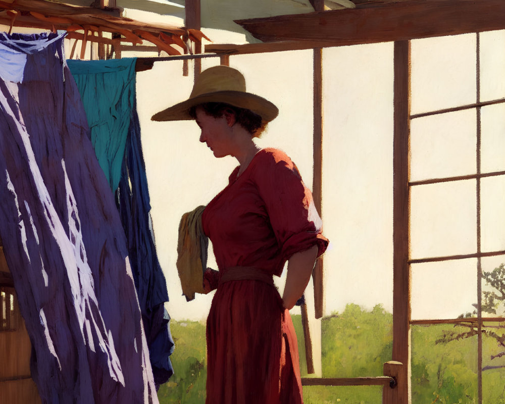 Woman in red dress and wide-brimmed hat by hanging laundry on sunny day