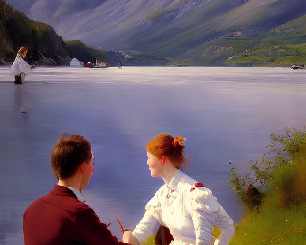 Vintage-dressed couple conversing by serene lake with mountains in background