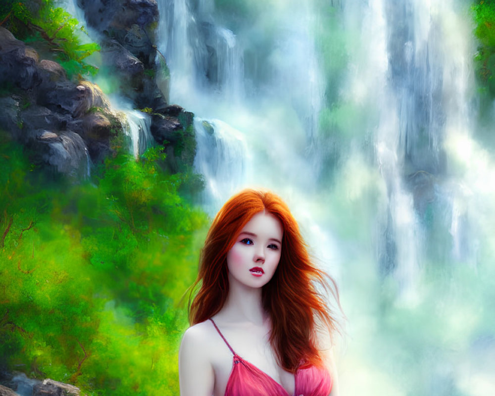Red-haired woman in pink dress by lush waterfall