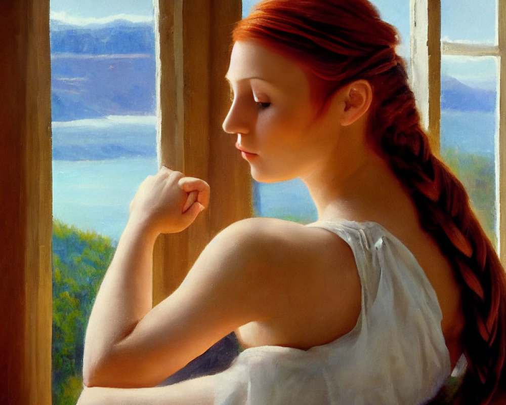Red-haired woman gazes out sunny window in serene landscape