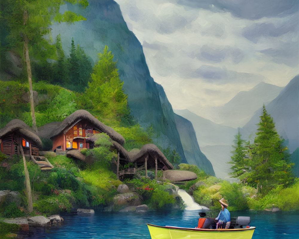 Tranquil riverside landscape with people in yellow boat, thatched cottages, lush greenery