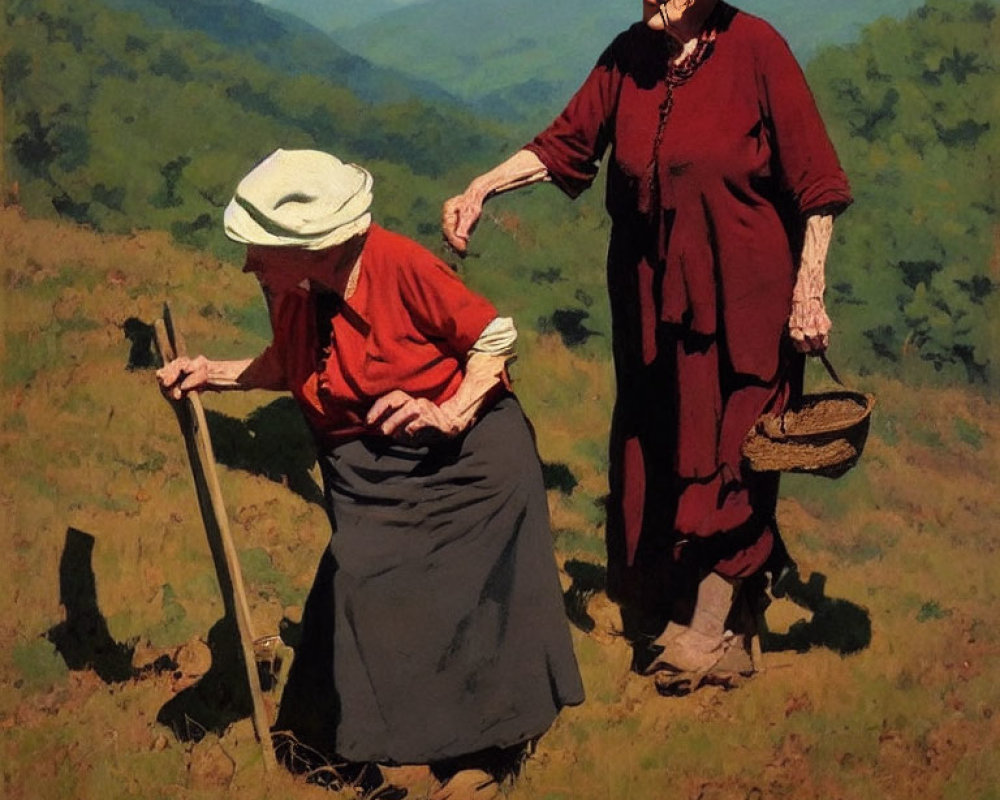 Elderly women in traditional attire on sunny meadow with hills