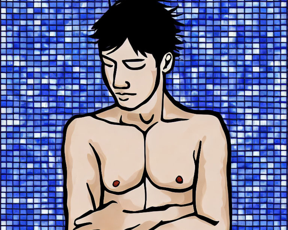 Shirtless Person with Crossed Arms on Blue Mosaic Background