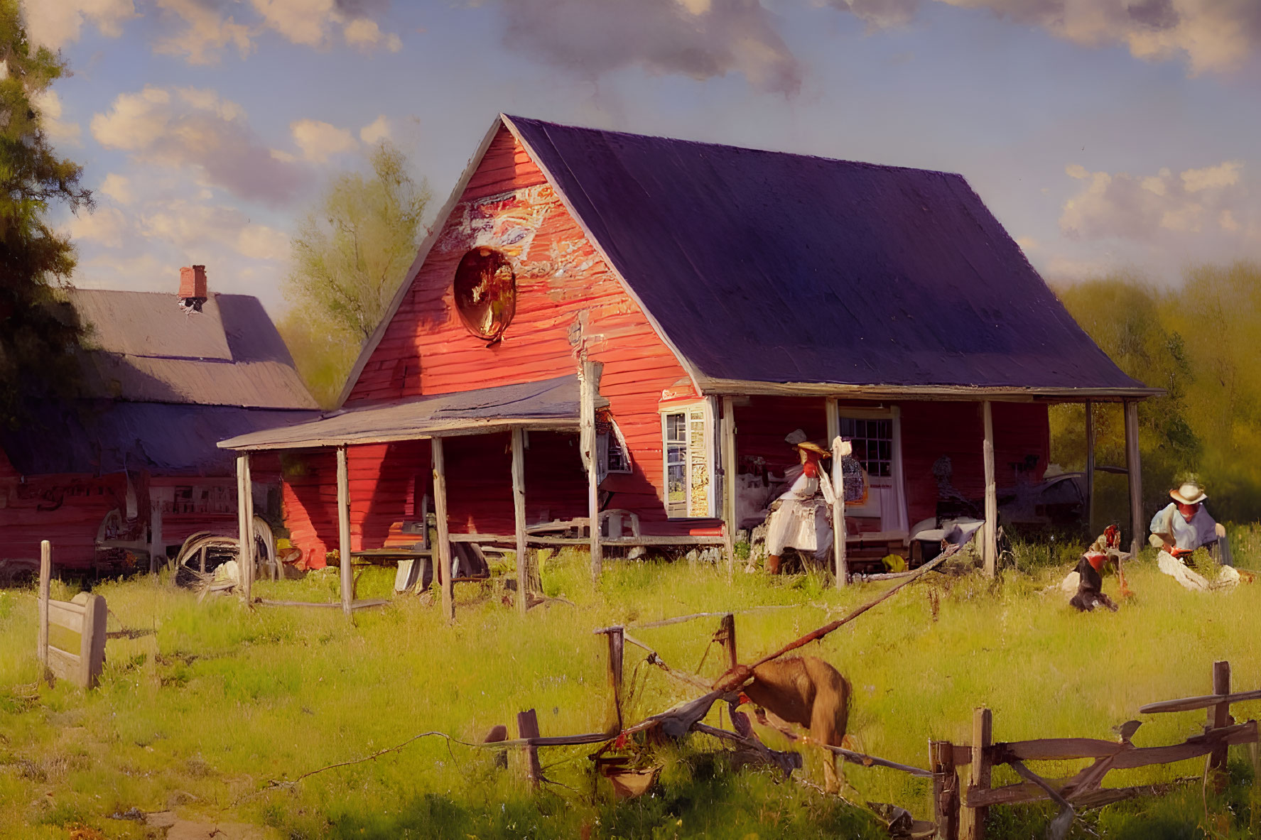Vintage farm scene with red barn, people in old-fashioned attire, and blue sky.