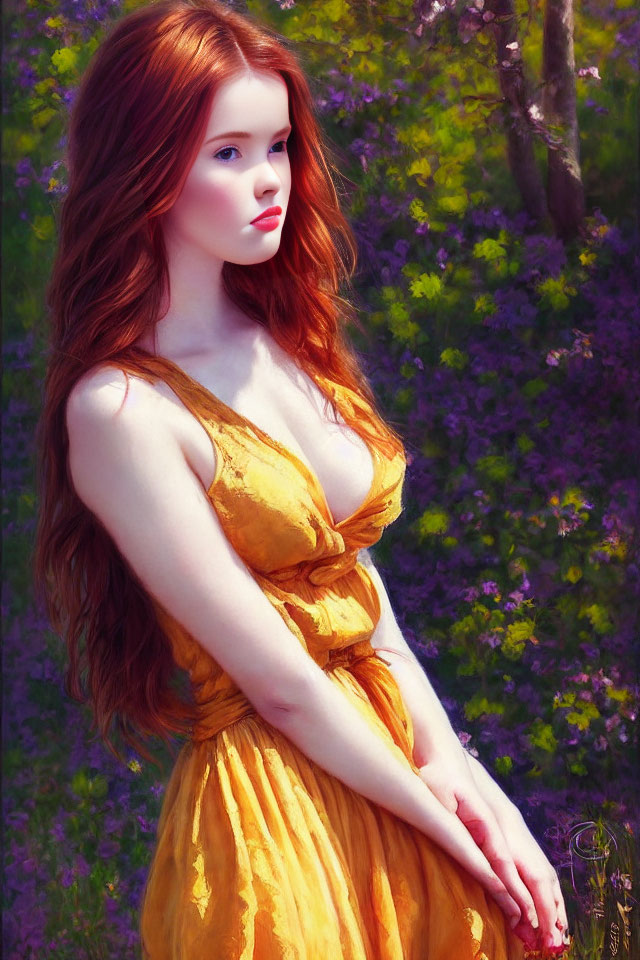 Woman with Long Red Hair in Yellow Dress Among Purple Flowers