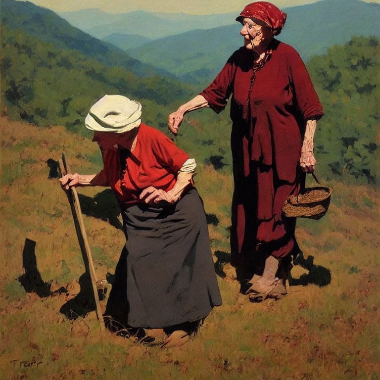 Elderly women in traditional attire on sunny meadow with hills