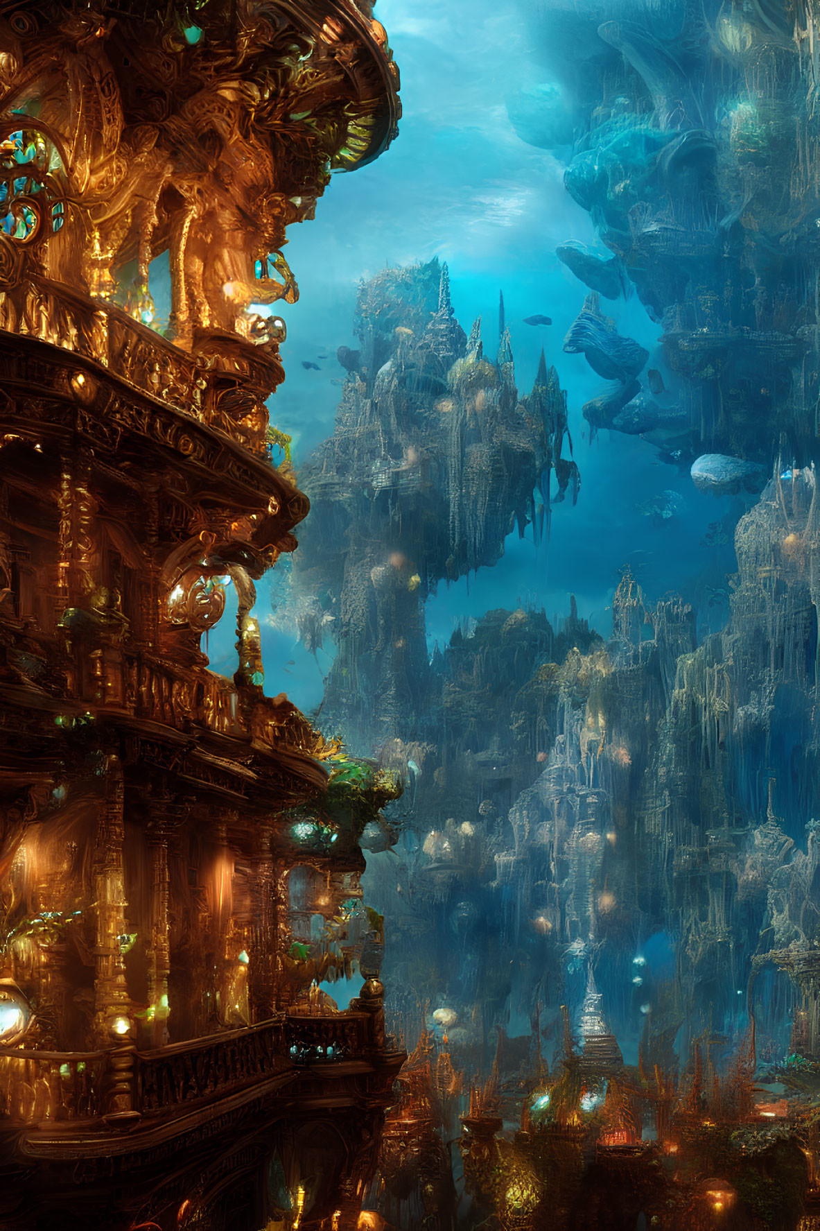 Ethereal underwater city with golden structures and glowing lights