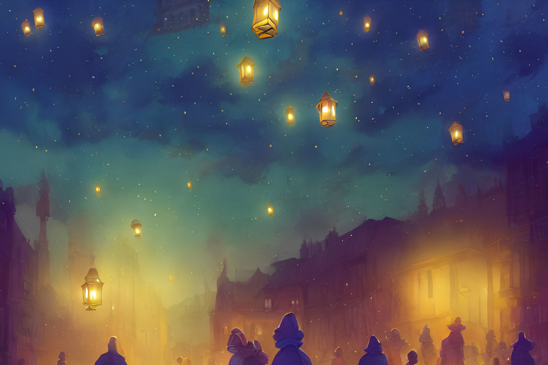 Crowded street under evening sky with floating lanterns