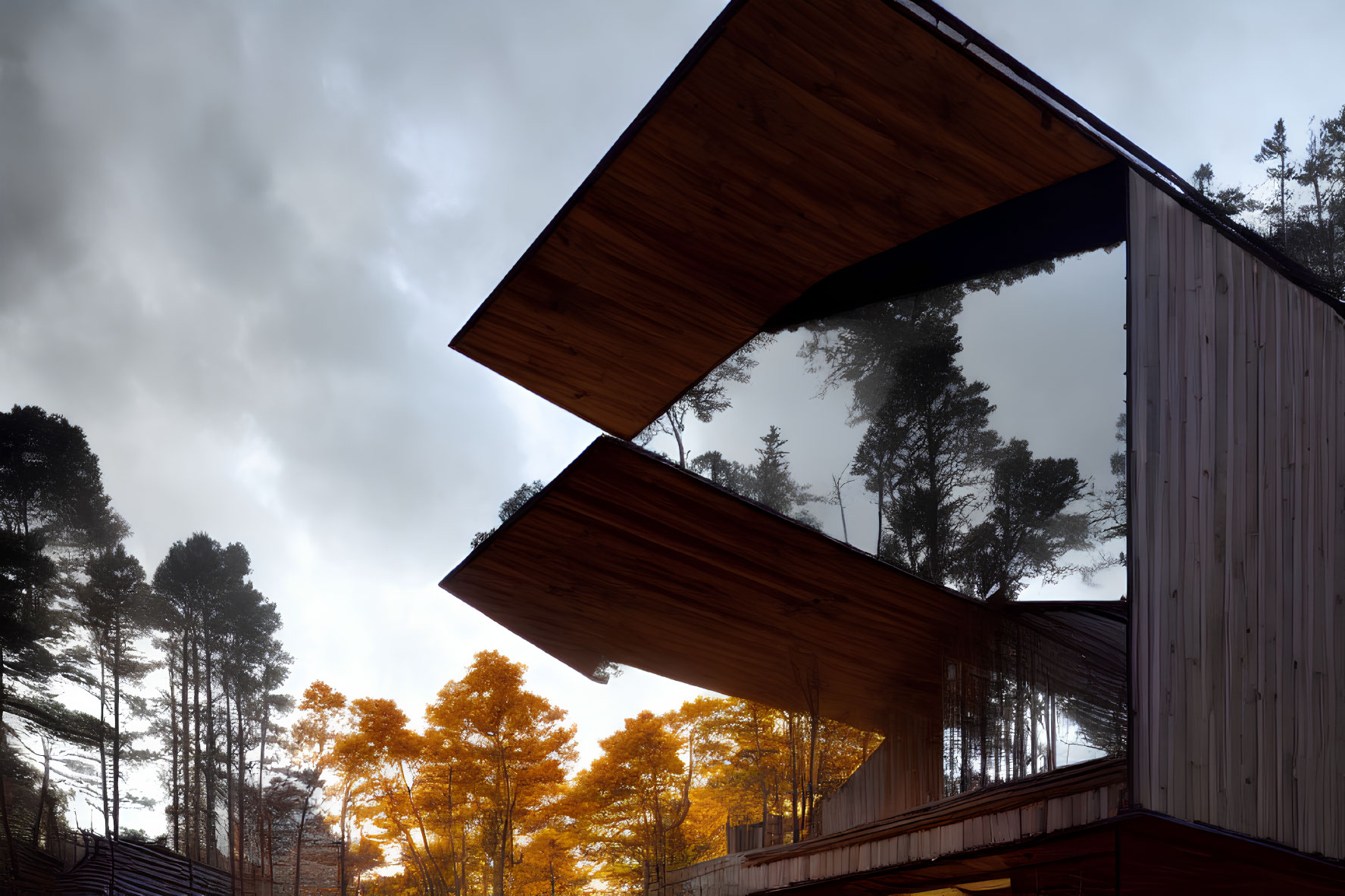 Modern building detail with wooden elements against misty autumn forest.