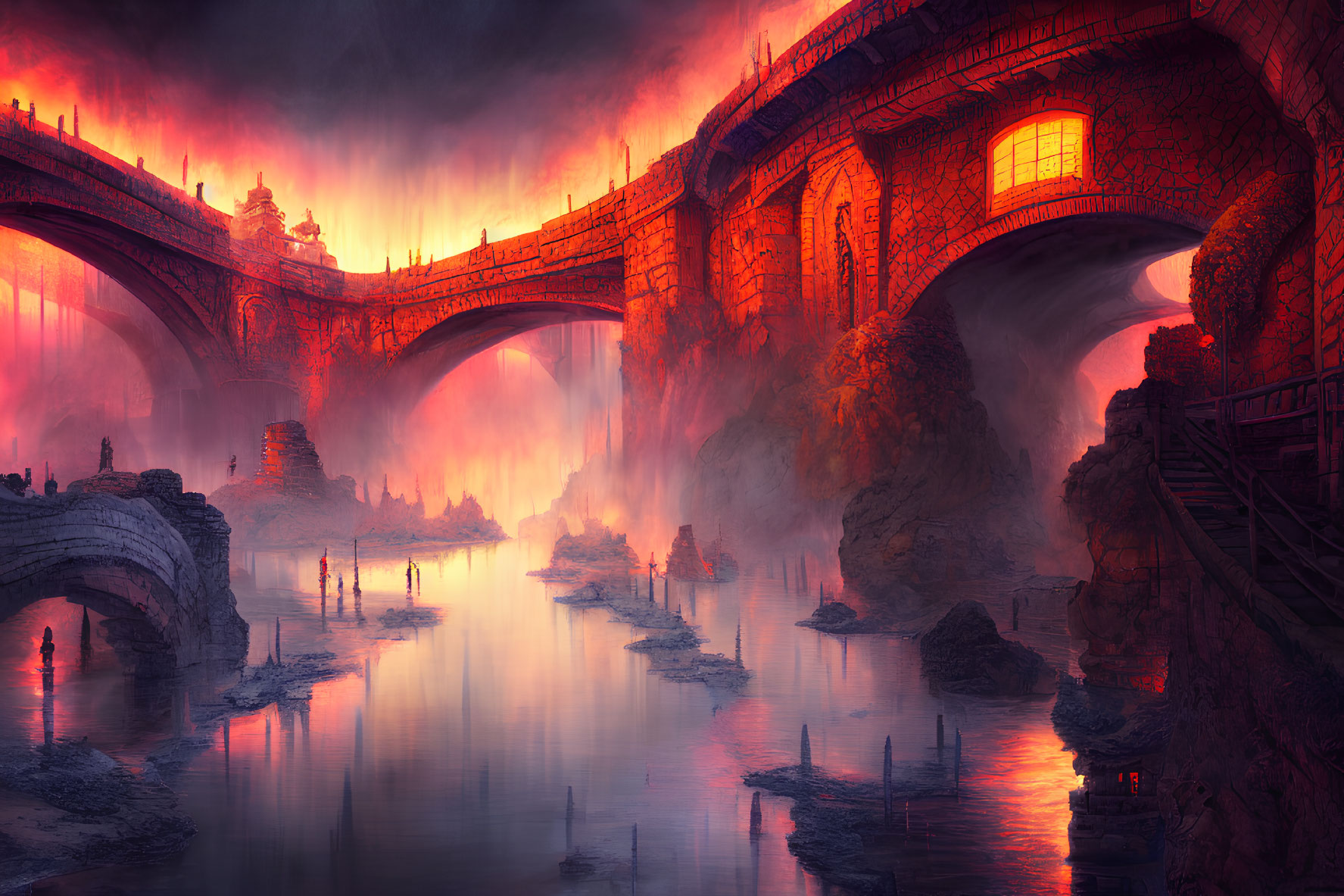 Fantastical landscape with fiery skies and stone bridges over misty river