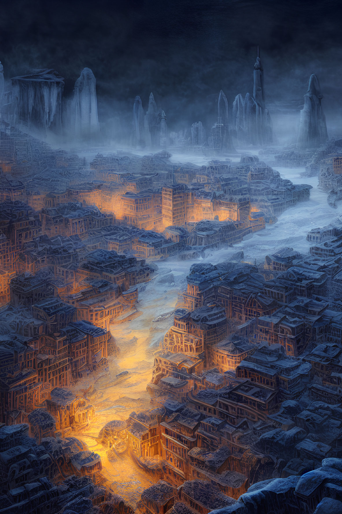 Ethereal fantasy city in icy cliffs with warm glow under dusky sky