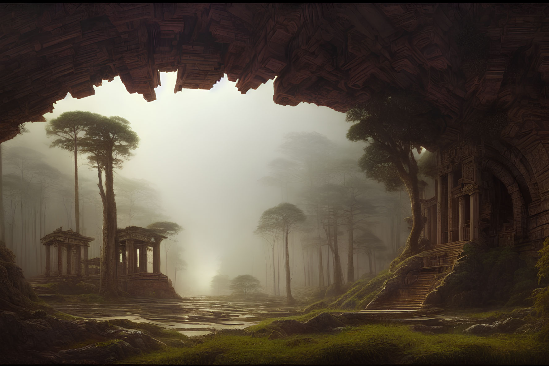 Ancient ruins and towering trees in misty forest scene