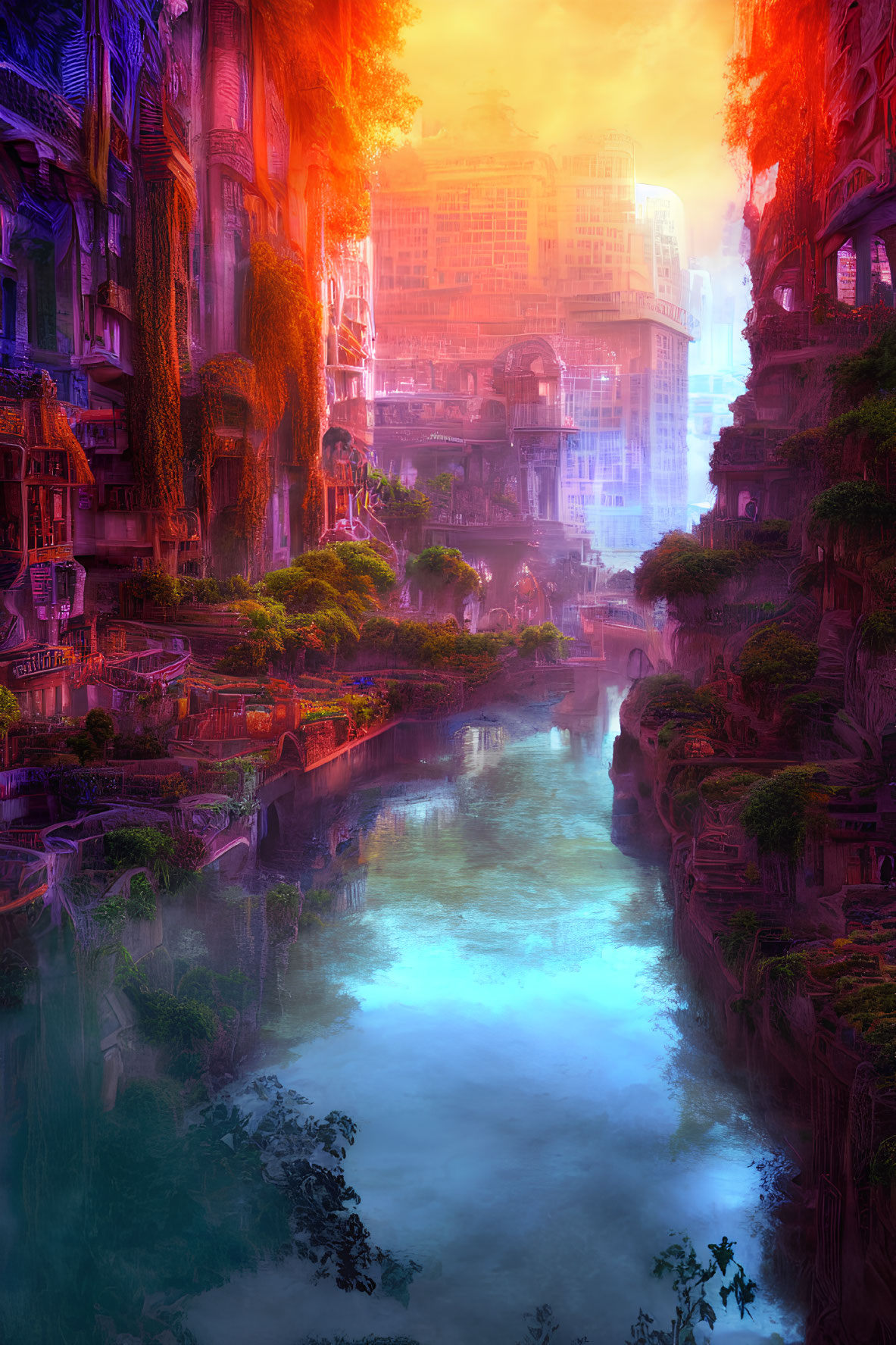 Futuristic cityscape with glowing river and illuminated buildings