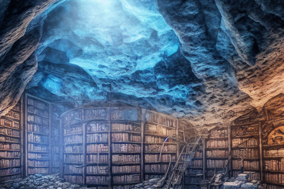 Mystical underground library with towering bookshelves and blue light