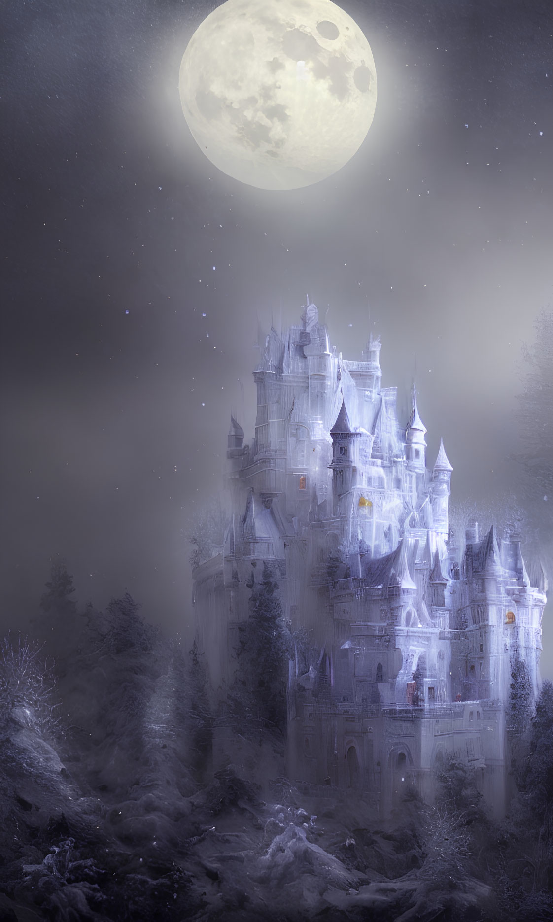 Ethereal castle under full moon in misty forest landscape