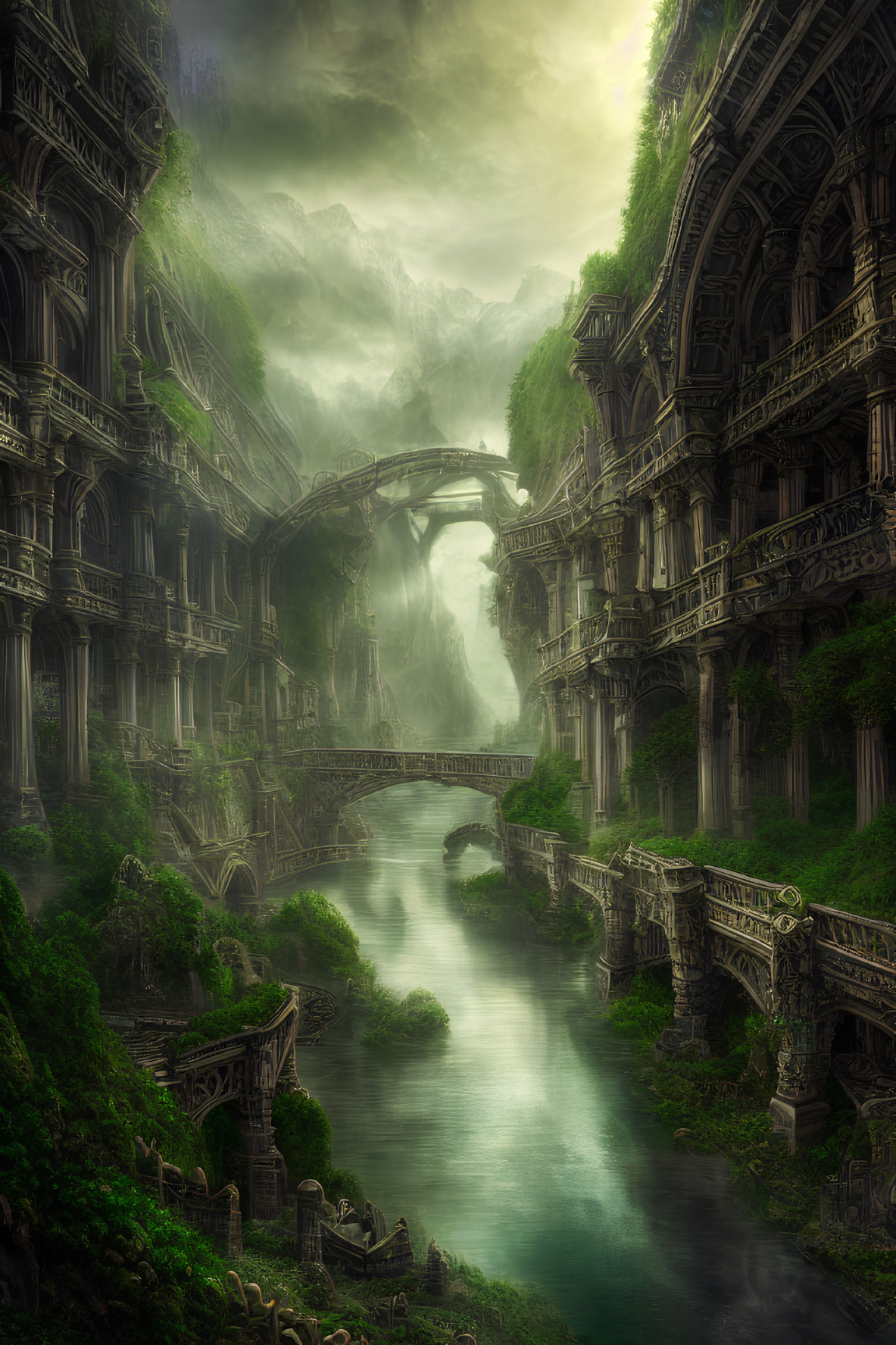 Ethereal fantasy landscape with ancient buildings in lush forest