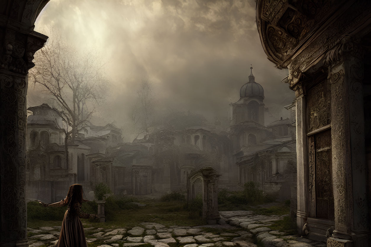 Woman in dress gazes at dome in misty ruins landscape