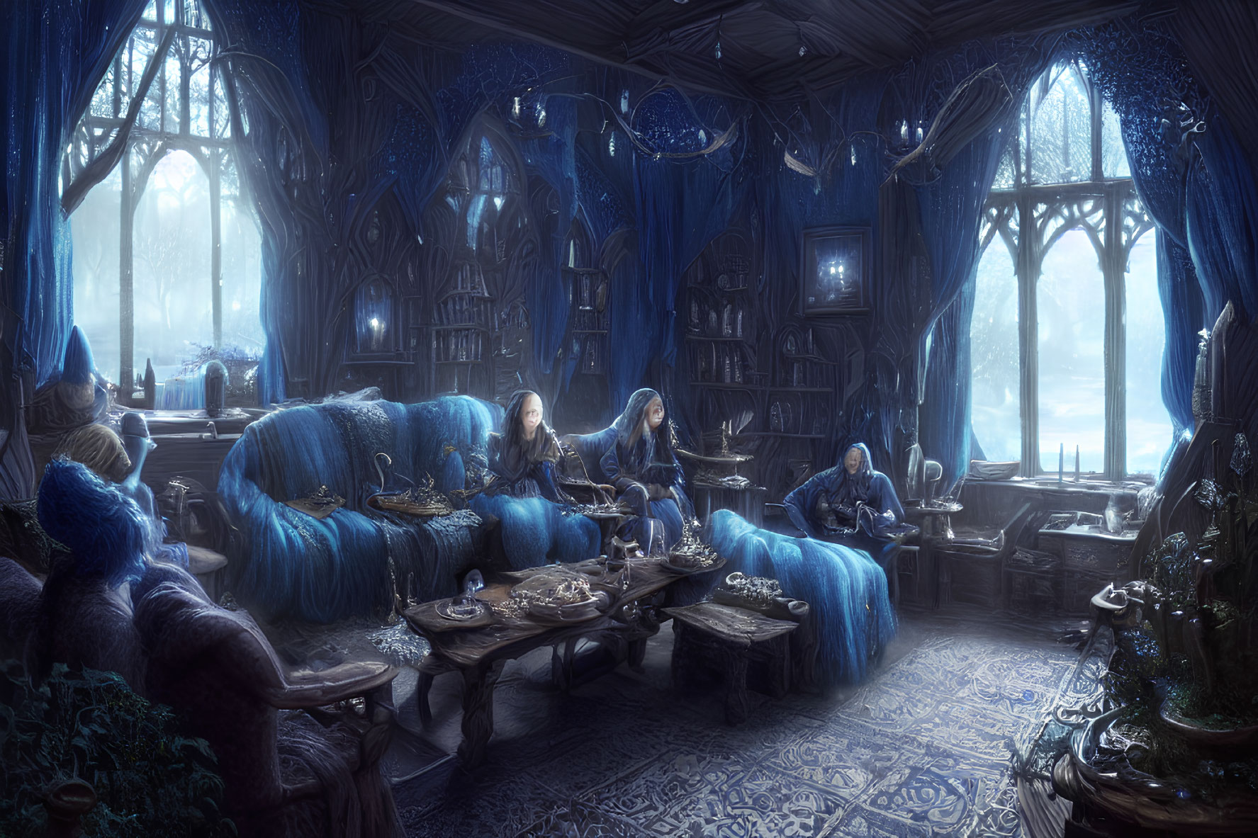 Elegant elves in blue-toned room with mystical forest view