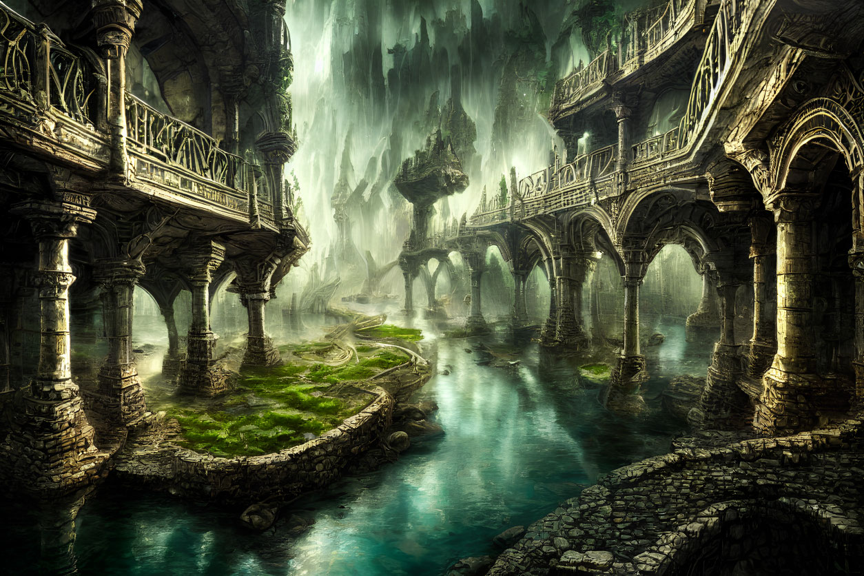 Ethereal underground cavern with bridges, moss, water, and light beams