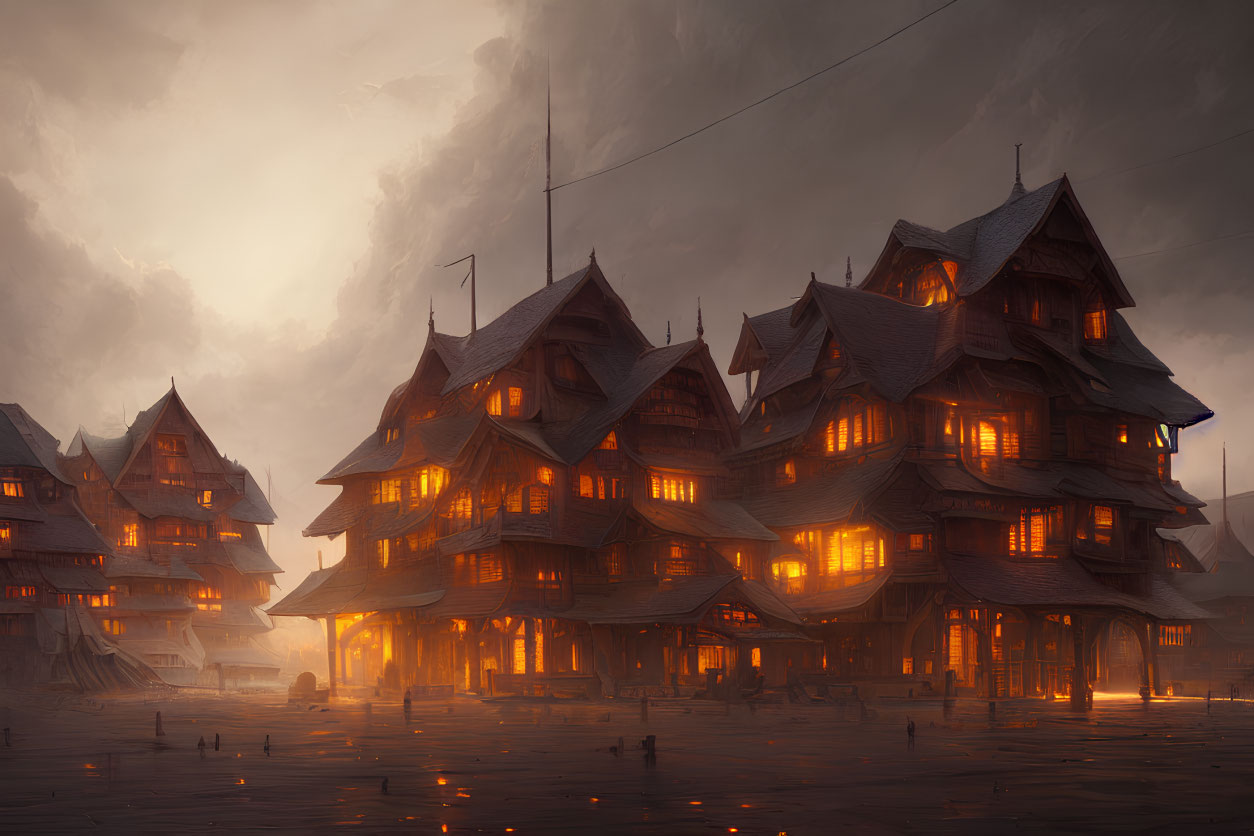 Traditional wooden buildings in a mystical town illuminated under dusky sky