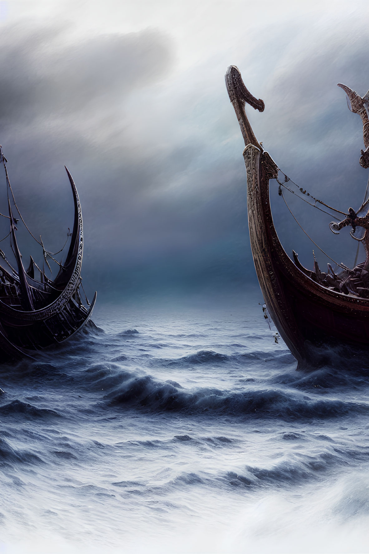 Viking ships sailing in stormy seas with dragon figureheads