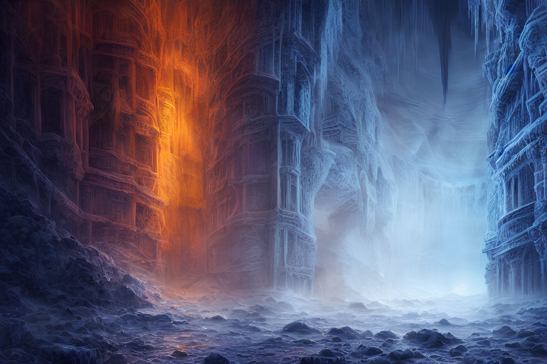 Mystical frozen cavern with intricate ice formations and warm glowing light