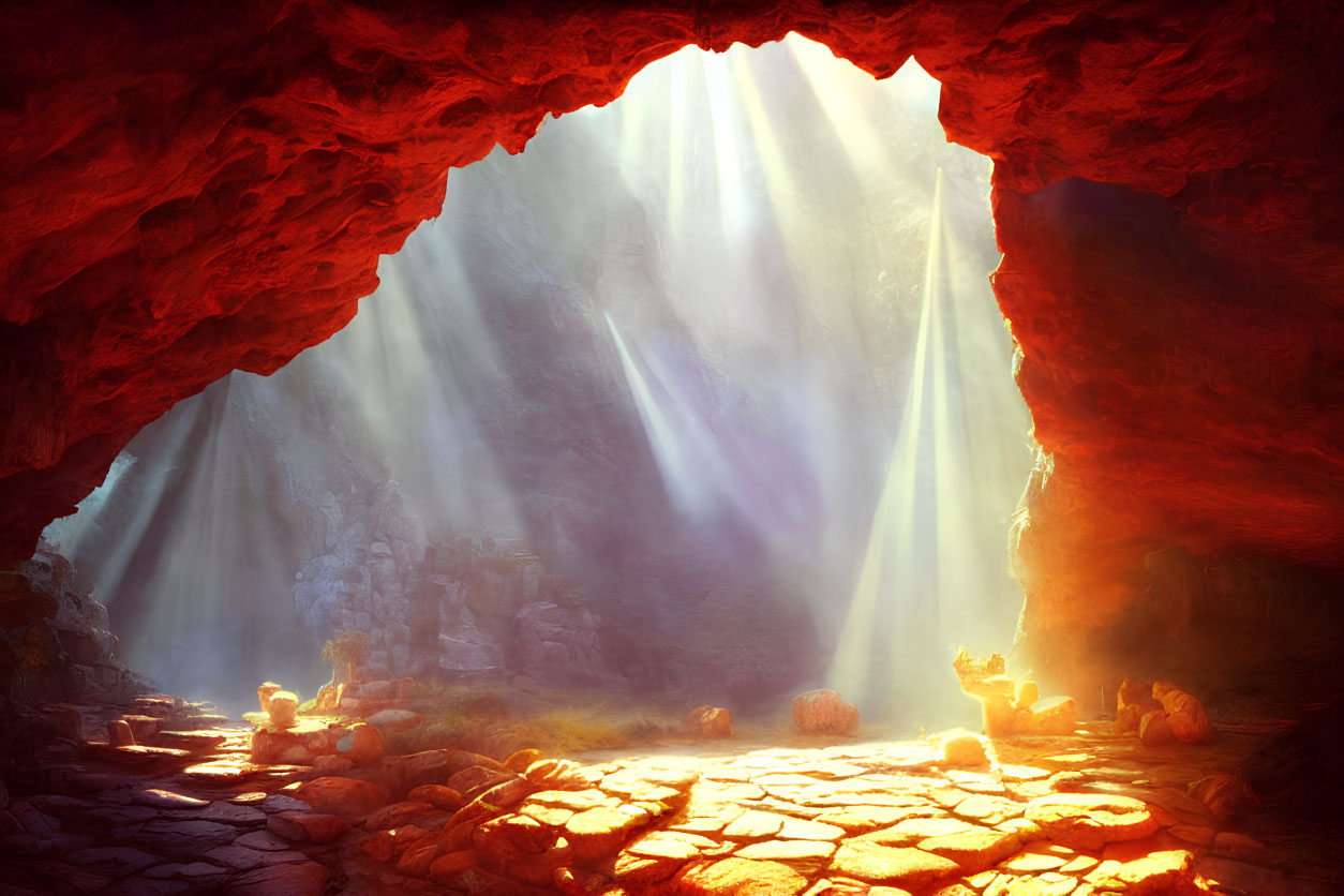 Sunlit Cave Entrance Leading to Misty Waterfall Cavern