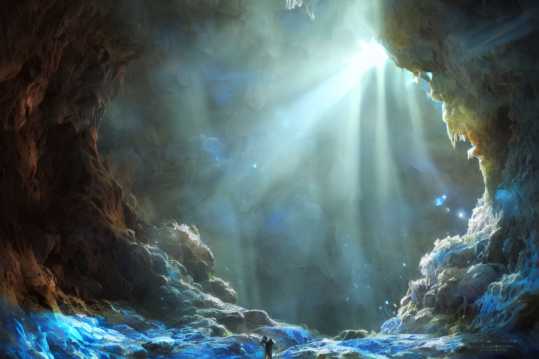 Cavern opening reveals blue-glowing subterranean landscape