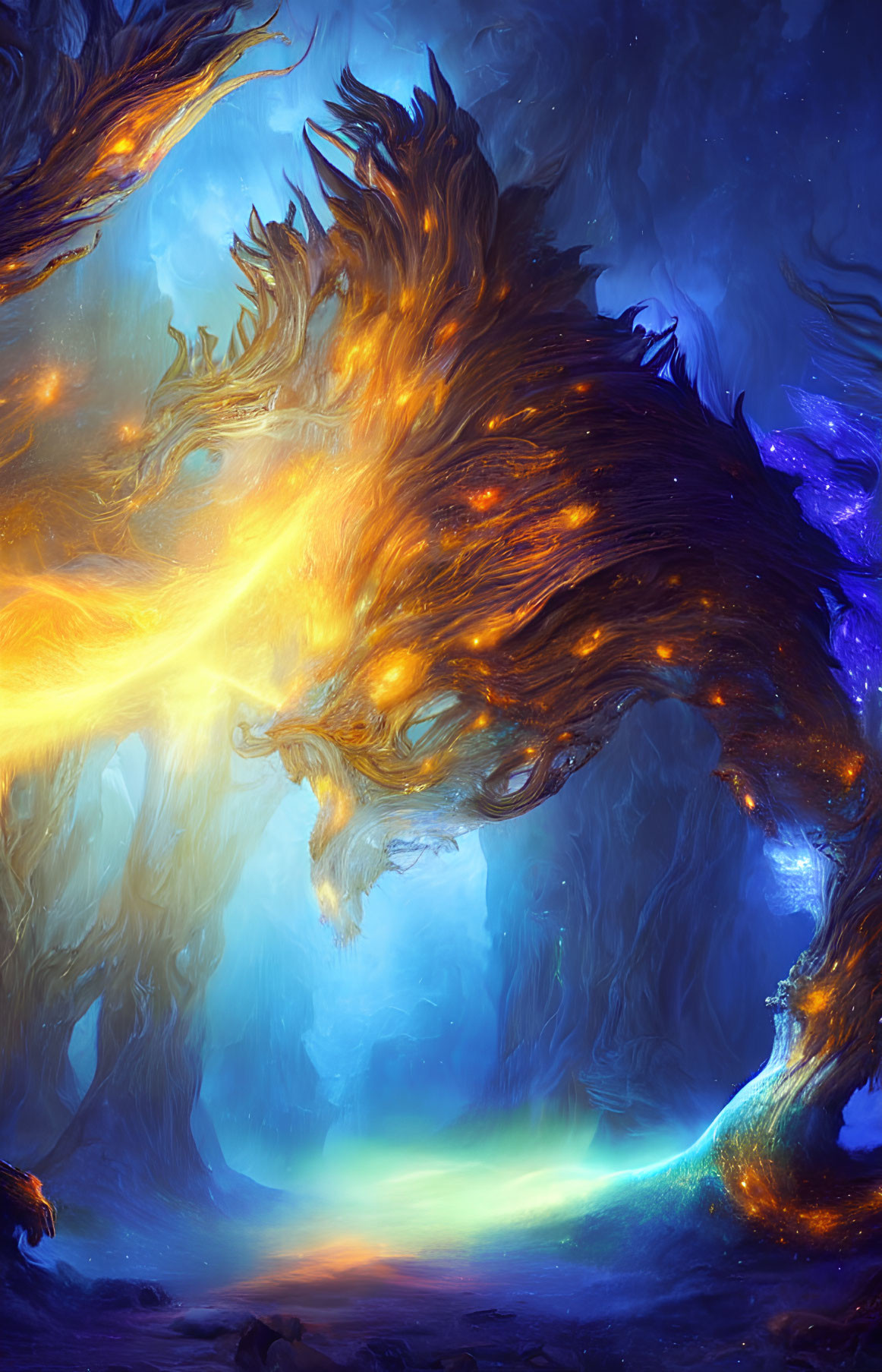 Colorful Phoenix Flying in Mystical Forest Scene