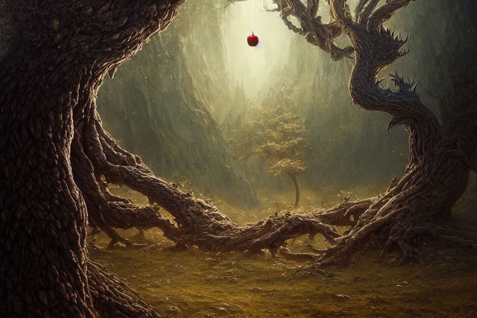 Mystical forest with ancient twisted trees and red apple in light beam
