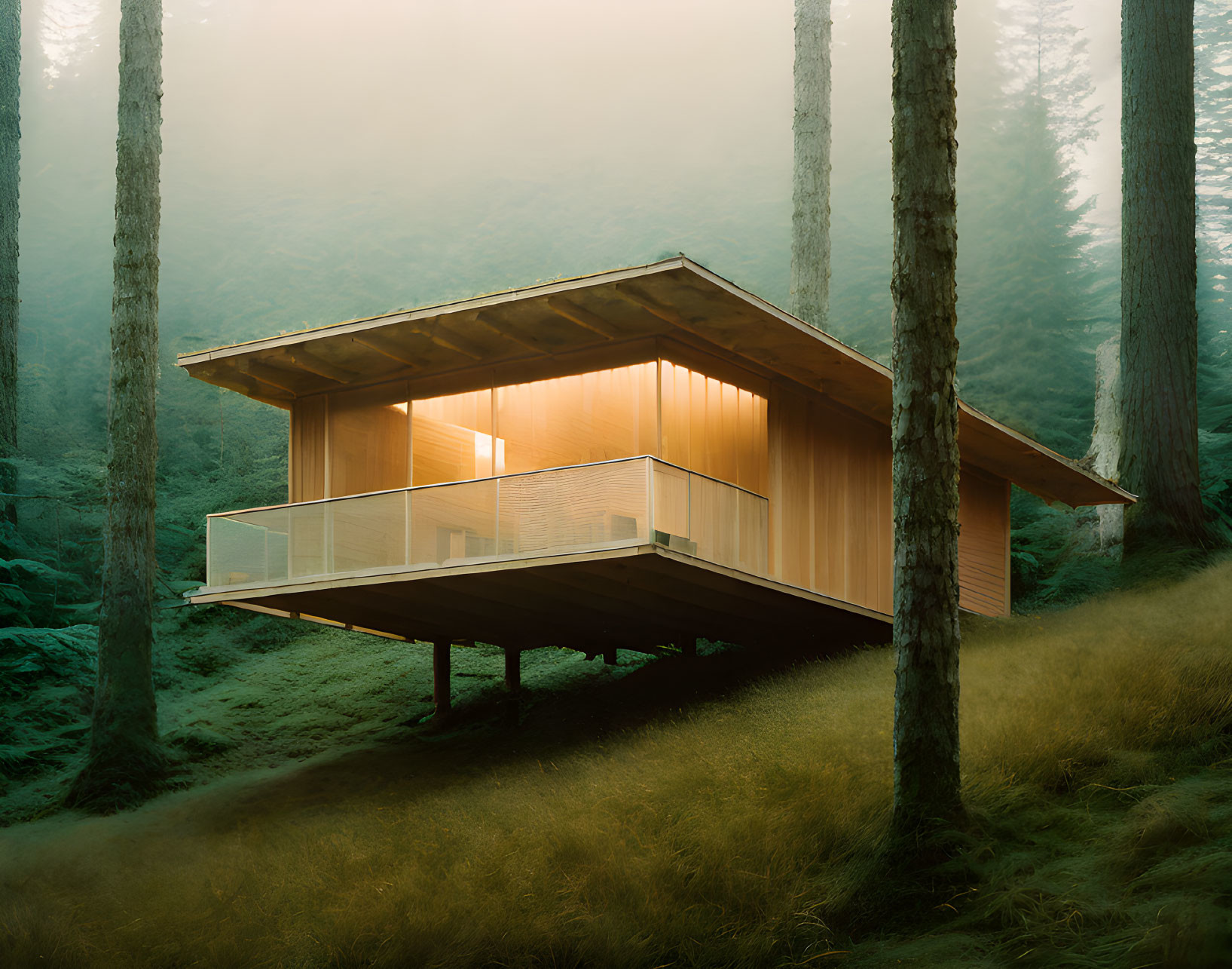 Modern wooden cabin on stilts in misty forest with warm light and lush green trees.
