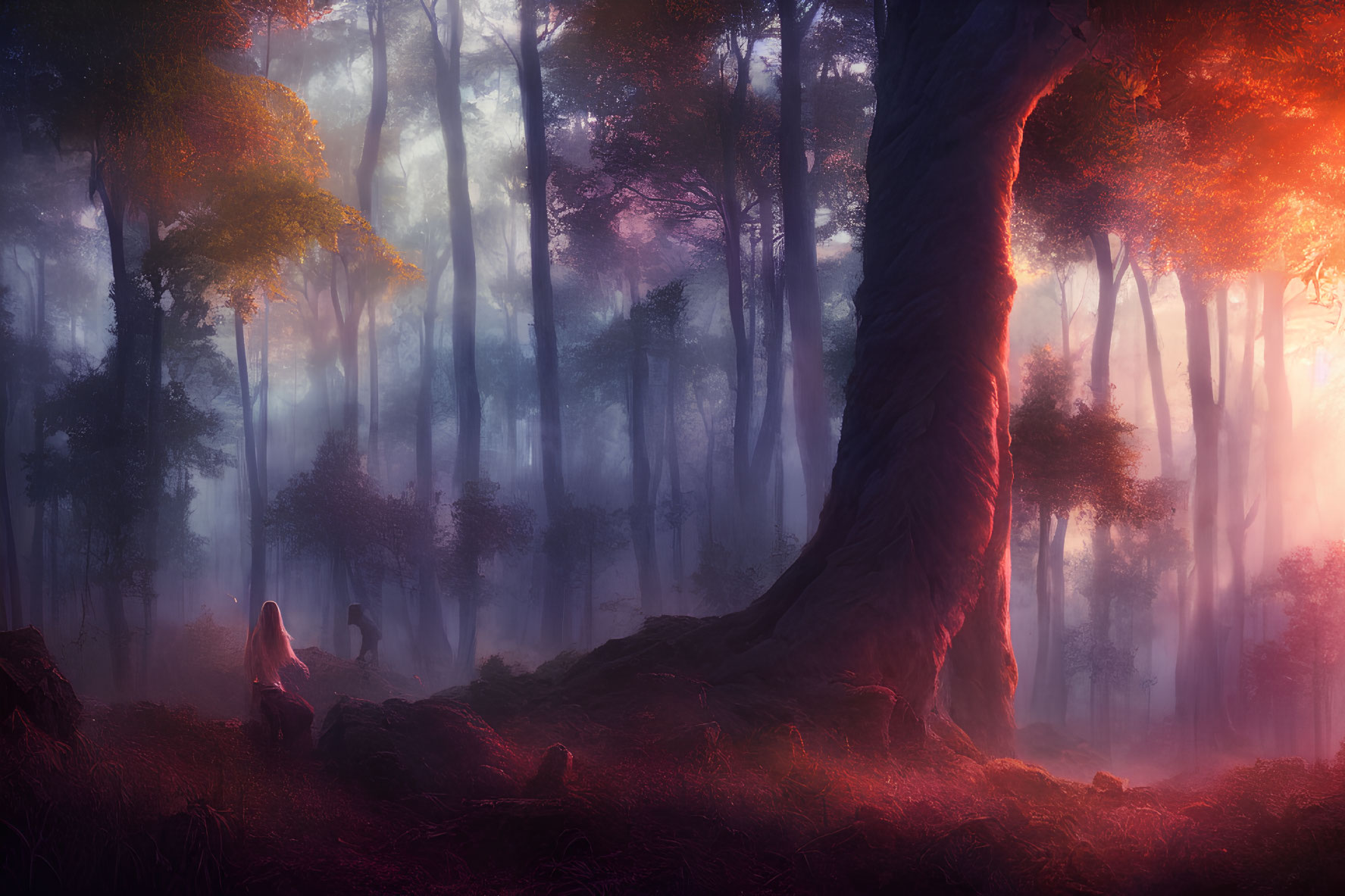 Mystical forest with sunbeams and vibrant foliage