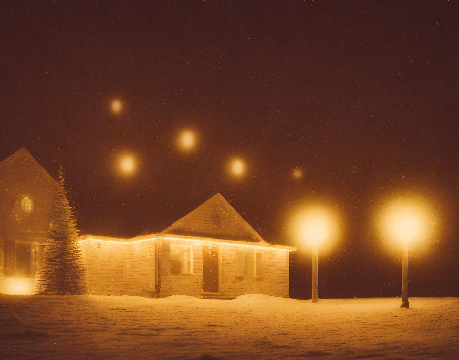 Snowy scene with cozy cabins and street lamps under warm lights