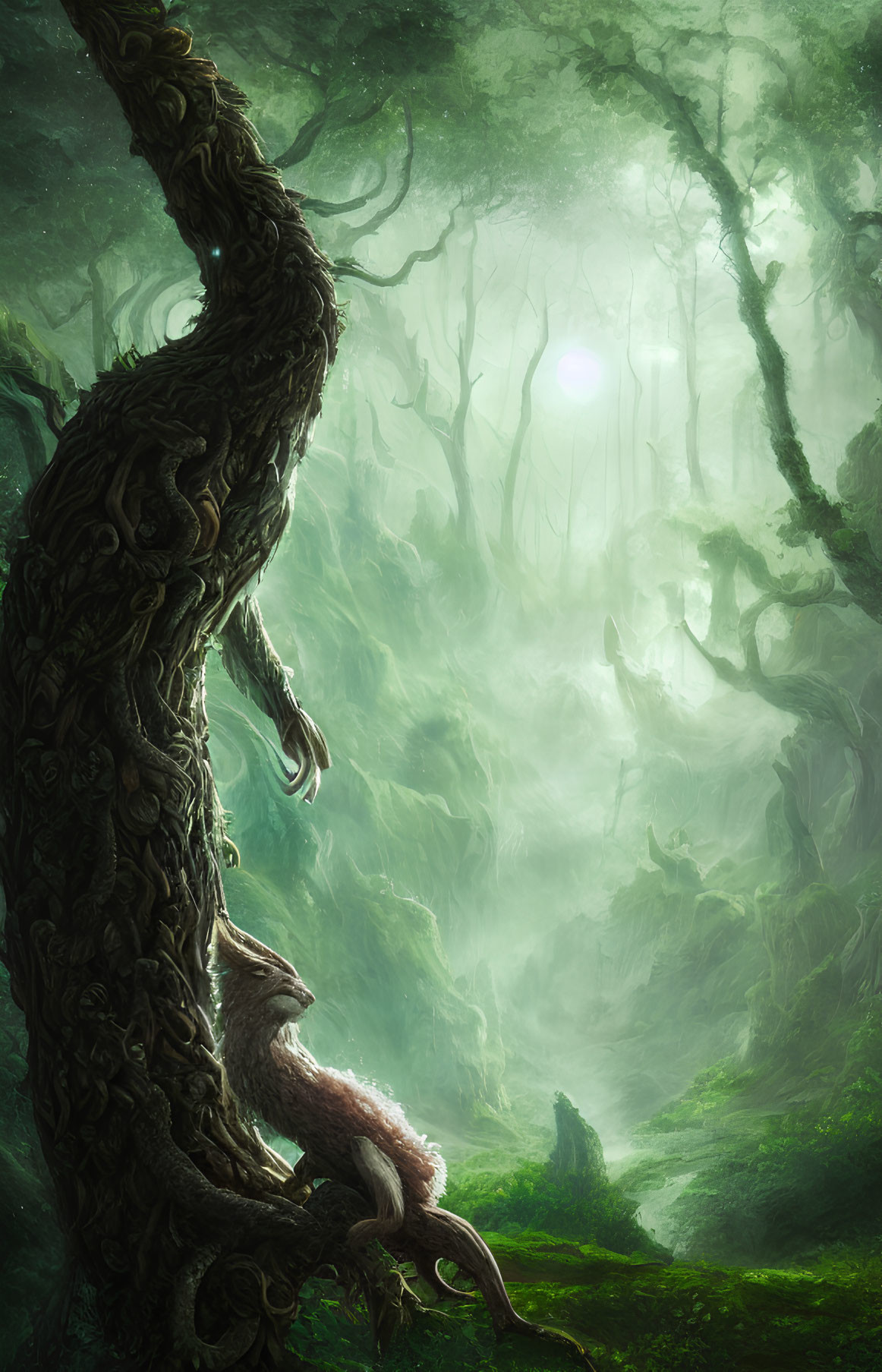 Enormous gnarled tree in mystical forest with ethereal green light