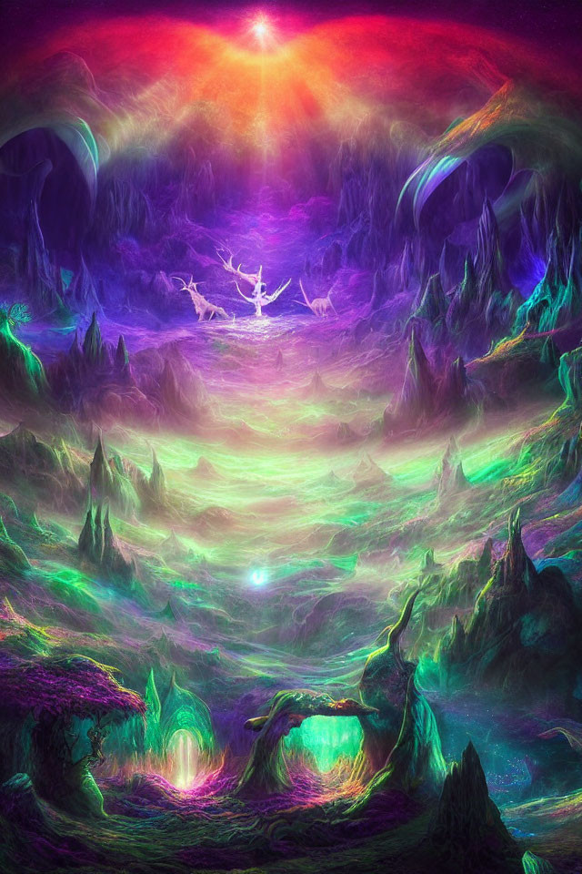 Colorful mystical fantasy landscape with rocky peaks, luminous terrain, and radiant light.
