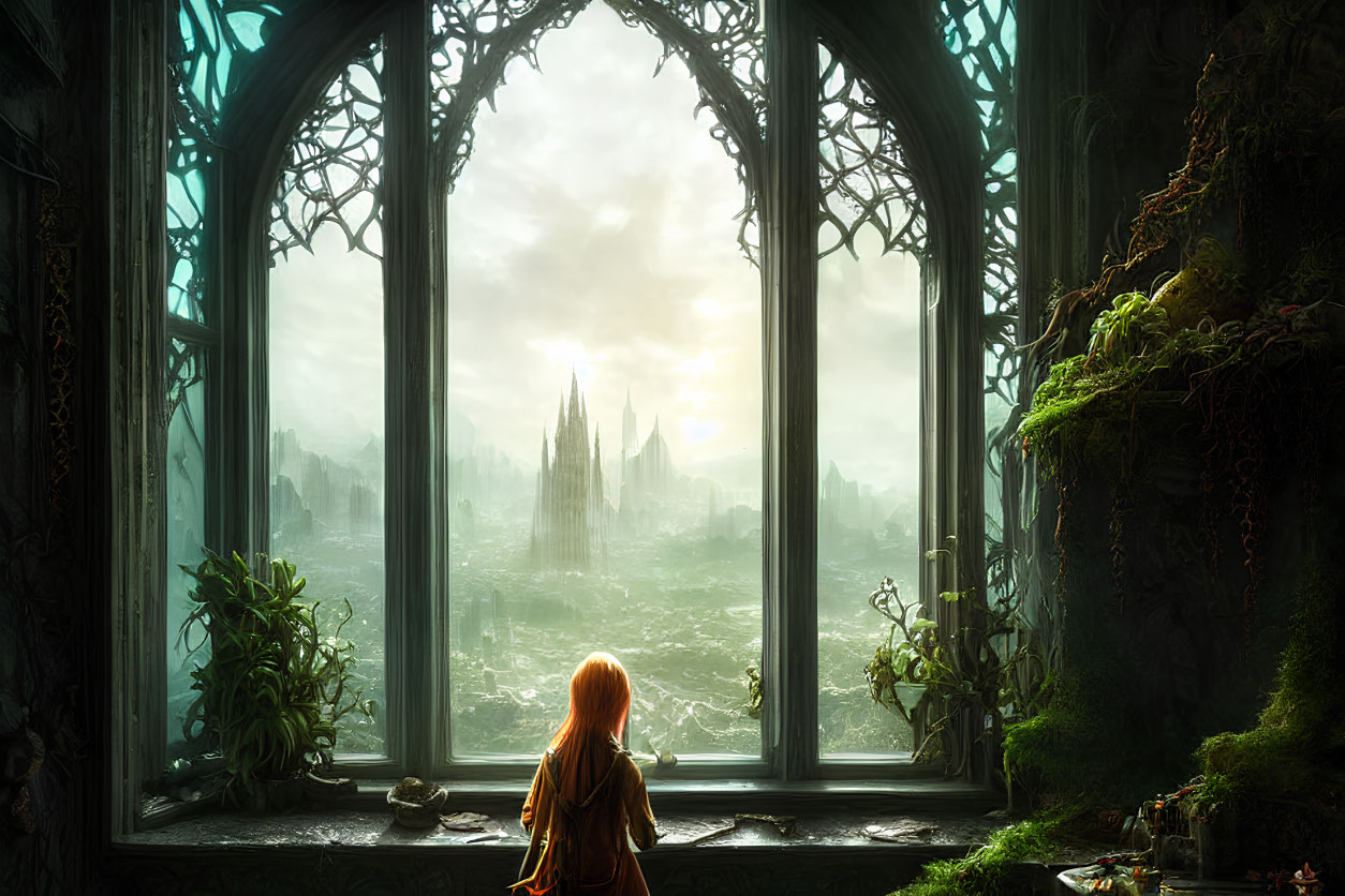 Woman looking out of ornate window at mystical sunlit city surrounded by nature