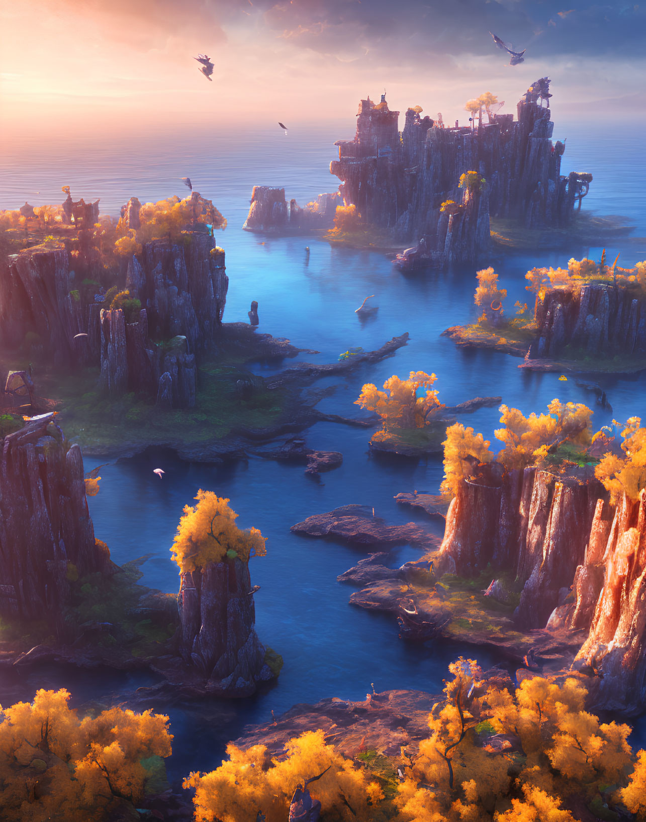 Fantasy landscape with rocky cliffs, river, autumn trees, castle, and birds under warm sky