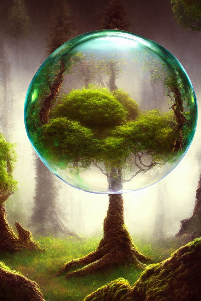 Mystical forest scene with lush tree in transparent sphere