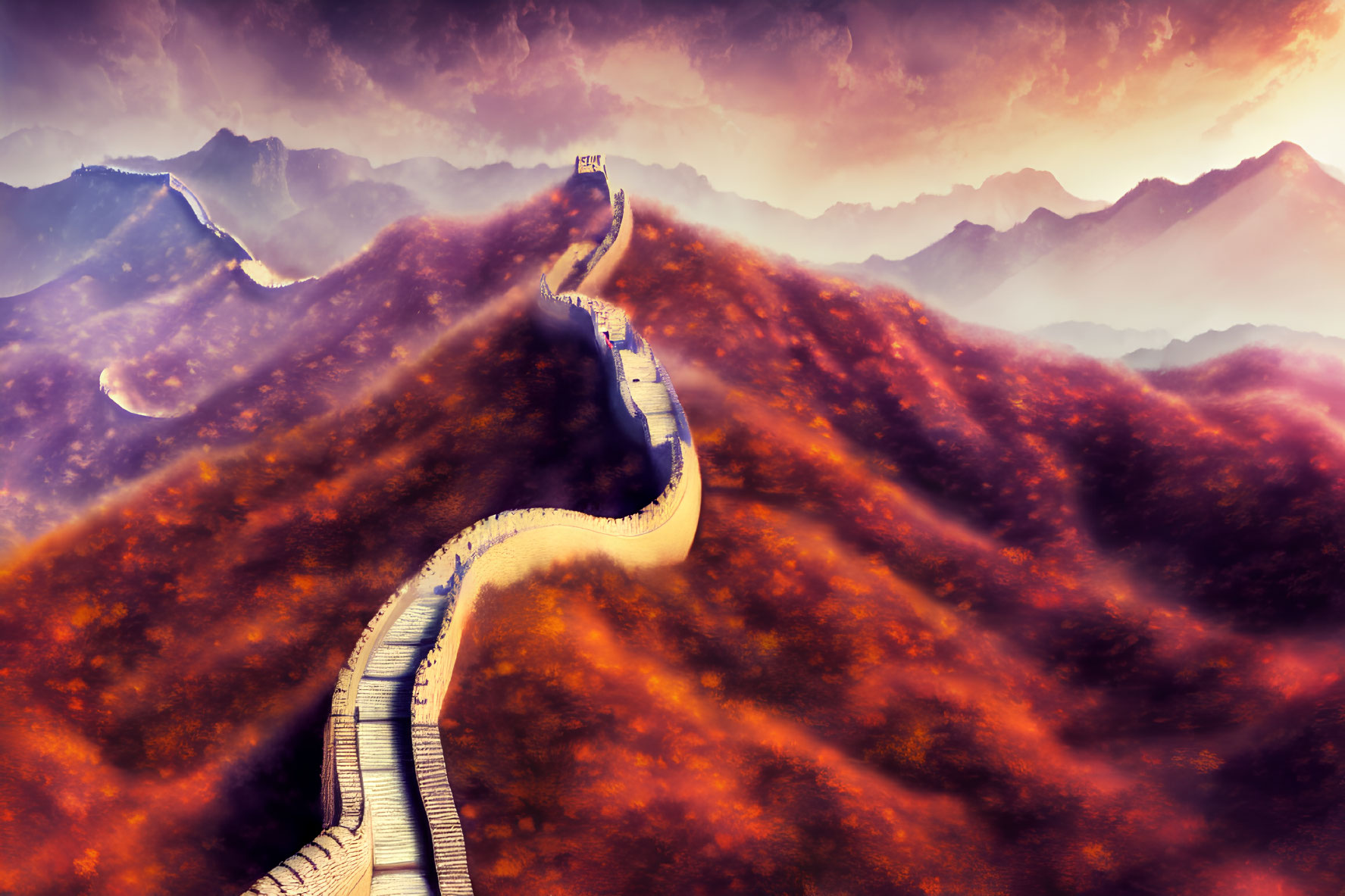 Great Wall winding through vibrant autumn mountains at sunset