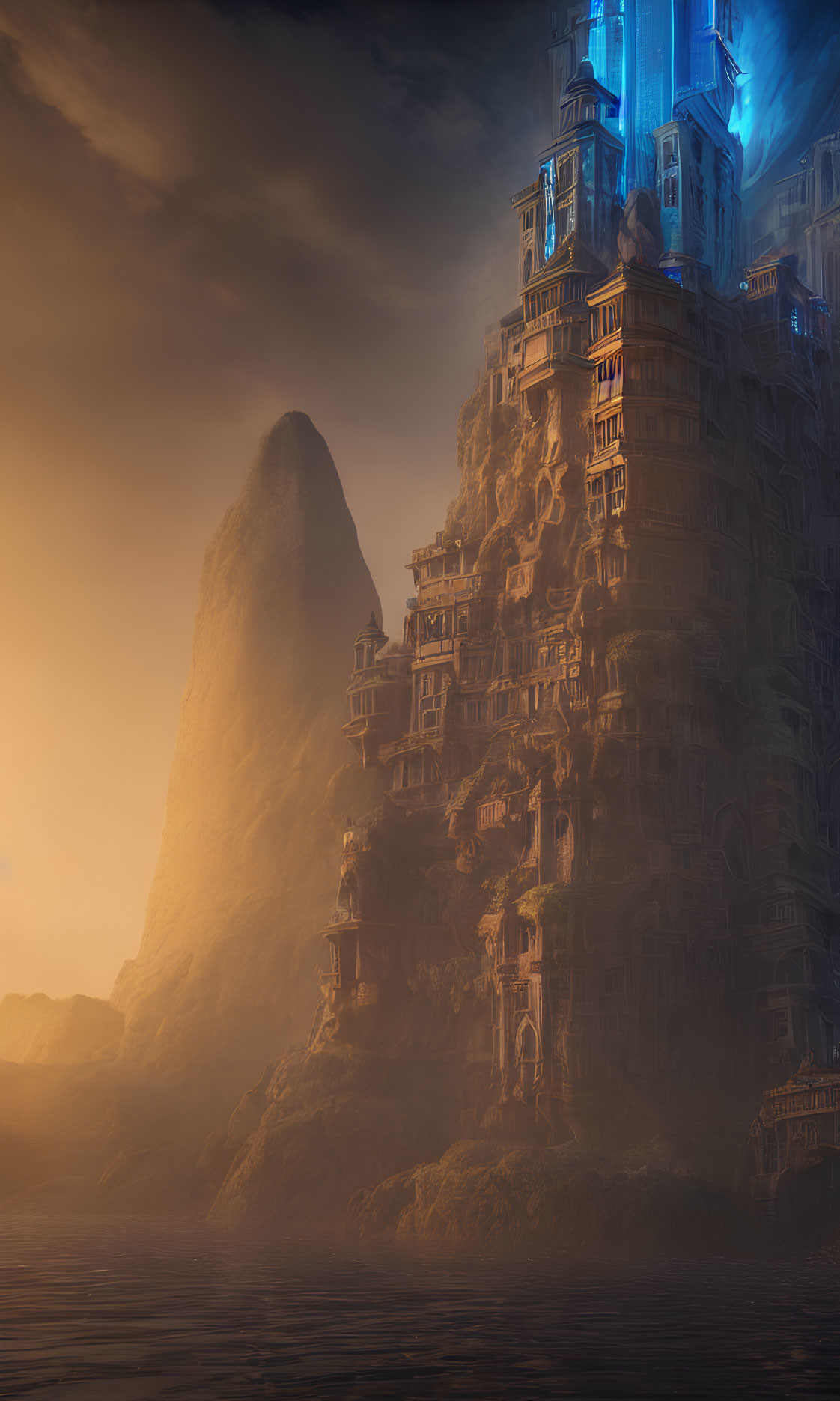 Mystical cliffside city glowing with blue lights in warm sunset haze